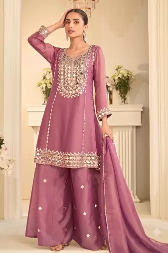 Mauve silk blend with hand work with real mirror kurta palazzo with dupatta