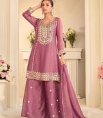 Mauve silk blend with hand work with real mirror kurta palazzo with dupatta