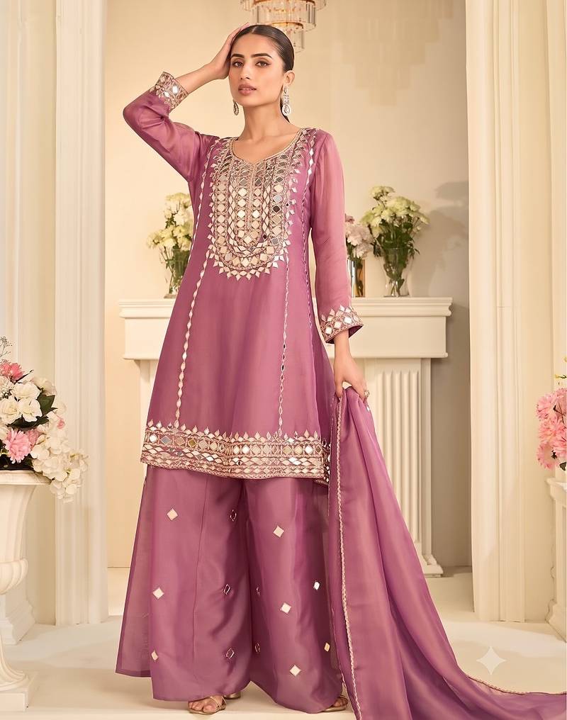 Mauve silk blend with hand work with real mirror kurta palazzo with dupatta