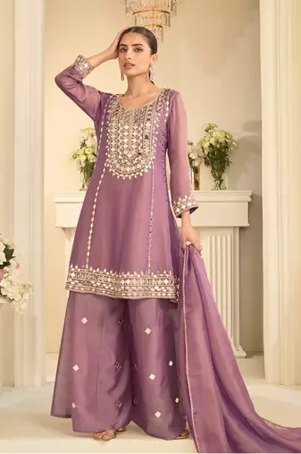 Mauve silk blend with hand work with real mirror kurta palazzo with dupatta