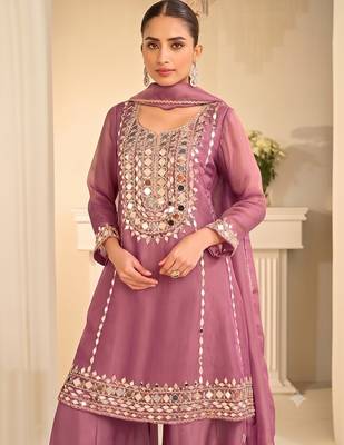 Mauve silk blend with hand work with real mirror kurta palazzo with dupatta 2