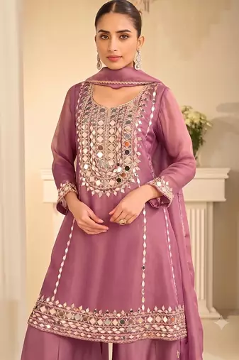 Mauve silk blend with hand work with real mirror kurta palazzo with dupatta