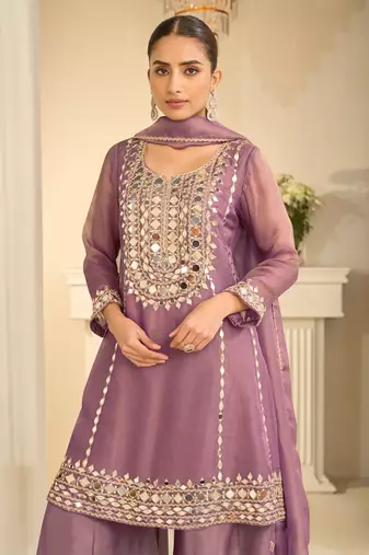 Mauve silk blend with hand work with real mirror kurta palazzo with dupatta