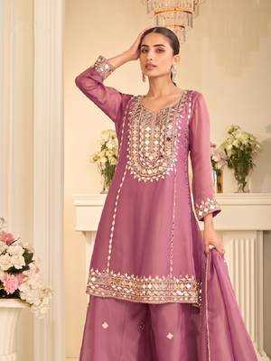Mauve silk blend with hand work with real mirror kurta palazzo with dupatta 3