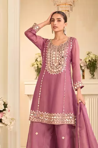 Mauve silk blend with hand work with real mirror kurta palazzo with dupatta