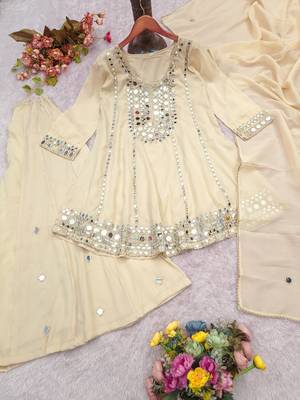 Cream silk blend with hand work with real mirror kurta palazzo with dupatta 4