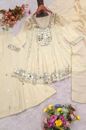 Cream silk blend with hand work with real mirror kurta palazzo with dupatta