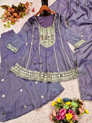 Lavender silk blend with hand work with real mirror kurta palazzo with dupatta 4
