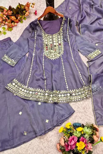Lavender silk blend with hand work with real mirror kurta palazzo with dupatta