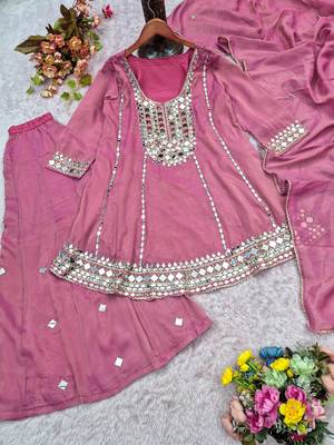 Mauve silk blend with hand work with real mirror kurta palazzo with dupatta 4