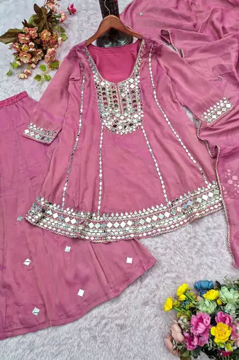 Mauve silk blend with hand work with real mirror kurta palazzo with dupatta