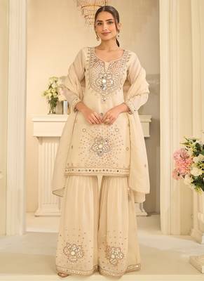 Cream silk blend with real mirror with sequence hand work kurta sharara with dupatta 1