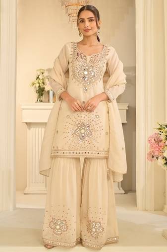 Cream silk blend with real mirror with sequence hand work kurta sharara with dupatta