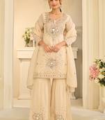 Cream silk blend with real mirror with sequence hand work kurta sharara with dupatta