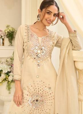 Cream silk blend with real mirror with sequence hand work kurta sharara with dupatta 2