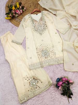 Cream silk blend with real mirror with sequence hand work kurta sharara with dupatta 3