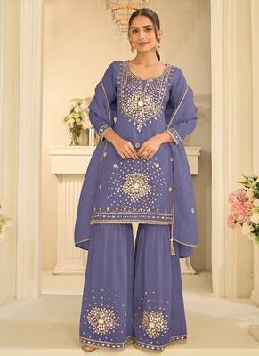 Lavender silk blend with real mirror with sequence hand work kurta sharara with dupatta 1