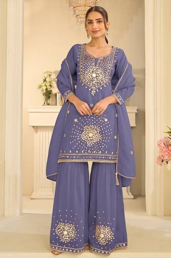 Lavender silk blend with real mirror with sequence hand work kurta sharara with dupatta