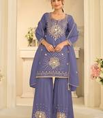 Lavender silk blend with real mirror with sequence hand work kurta sharara with dupatta