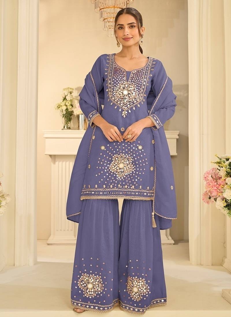 Lavender silk blend with real mirror with sequence hand work kurta sharara with dupatta