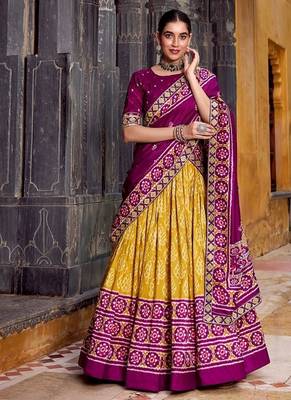 Mustard Tasar Silk Ikkat Print Lehenga with Choli Dupatta 1