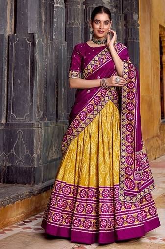 Mustard Tasar Silk Ikkat Print Lehenga with Choli Dupatta