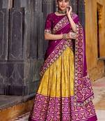 Mustard Tasar Silk Ikkat Print Lehenga with Choli Dupatta