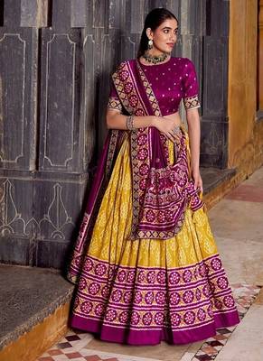 Mustard Tasar Silk Ikkat Print Lehenga with Choli Dupatta 2