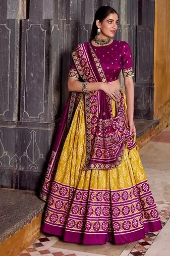 Mustard Tasar Silk Ikkat Print Lehenga with Choli Dupatta