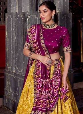 Mustard Tasar Silk Ikkat Print Lehenga with Choli Dupatta 4