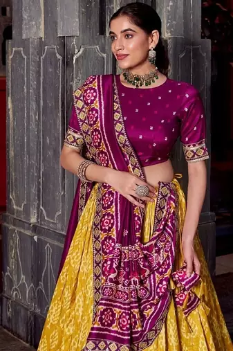 Mustard Tasar Silk Ikkat Print Lehenga with Choli Dupatta