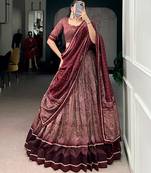 Maroon Tasar Silk Printed Iconic Sparkle with Lace Border Lehenga with Choli Dupatta