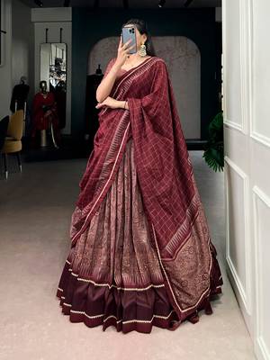 Maroon Tasar Silk Printed Iconic Sparkle with Lace Border Lehenga with Choli Dupatta 2