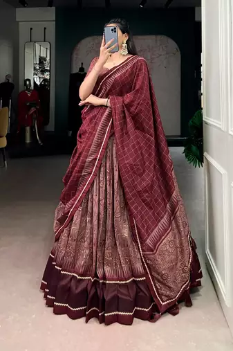 Maroon Tasar Silk Printed Iconic Sparkle with Lace Border Lehenga with Choli Dupatta