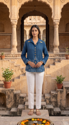 Ethnic Blue Crape Bandhani Printed shirt 1