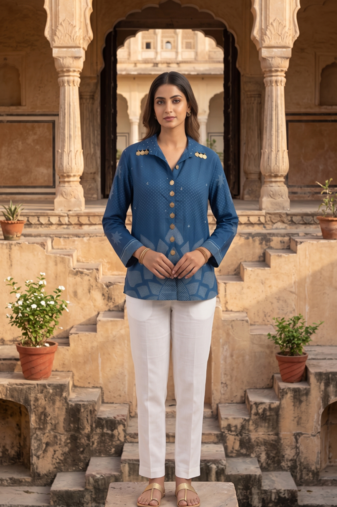 Ethnic Blue Crape Bandhani Printed shirt
