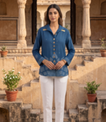 Ethnic Blue Crape Bandhani Printed shirt