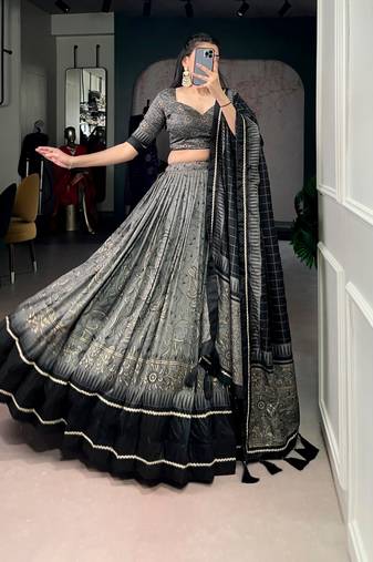 Grey Tasar Silk Printed Iconic Sparkle with Lace Border Lehenga with Choli Dupatta