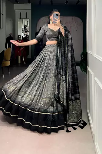 Grey Tasar Silk Printed Iconic Sparkle with Lace Border Lehenga with Choli Dupatta