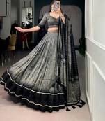 Grey Tasar Silk Printed Iconic Sparkle with Lace Border Lehenga with Choli Dupatta