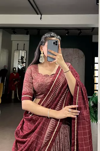 Maroon Tasar Silk Printed Iconic Sparkle with Lace Border Lehenga with Choli Dupatta