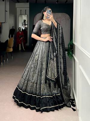 Grey Tasar Silk Printed Iconic Sparkle with Lace Border Lehenga with Choli Dupatta 2