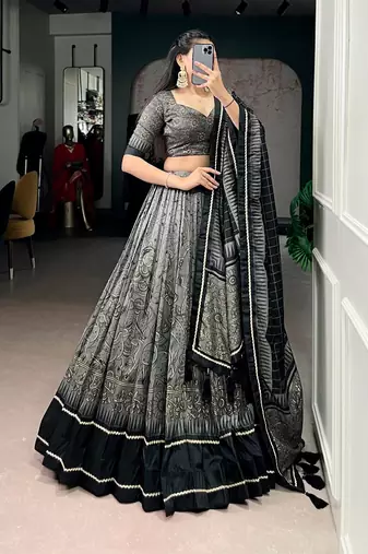 Grey Tasar Silk Printed Iconic Sparkle with Lace Border Lehenga with Choli Dupatta