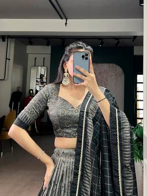 Grey Tasar Silk Printed Iconic Sparkle with Lace Border Lehenga with Choli Dupatta 3