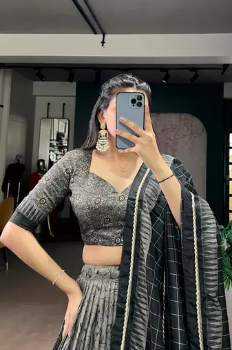 Grey Tasar Silk Printed Iconic Sparkle with Lace Border Lehenga with Choli Dupatta