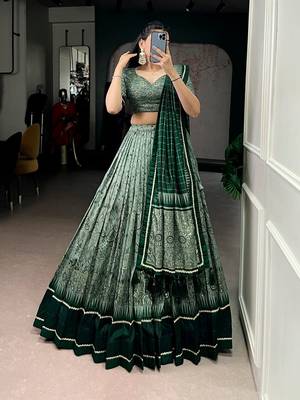 Green Tasar Silk Printed Iconic Sparkle with Lace Border Lehenga with Choli Dupatta 1