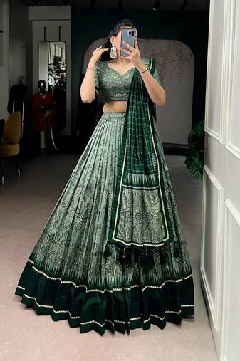 Green Tasar Silk Printed Iconic Sparkle with Lace Border Lehenga with Choli Dupatta