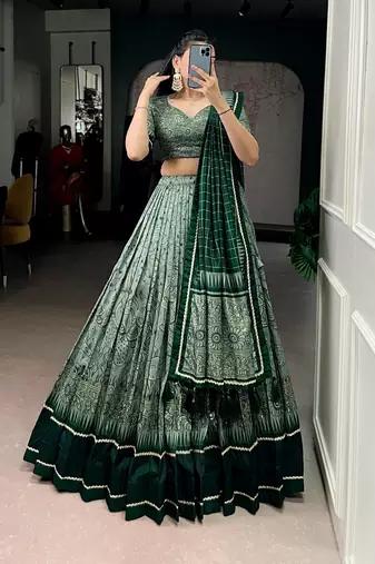 Green Tasar Silk Printed Iconic Sparkle with Lace Border Lehenga with Choli Dupatta
