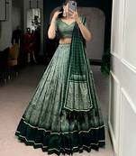 Green Tasar Silk Printed Iconic Sparkle with Lace Border Lehenga with Choli Dupatta