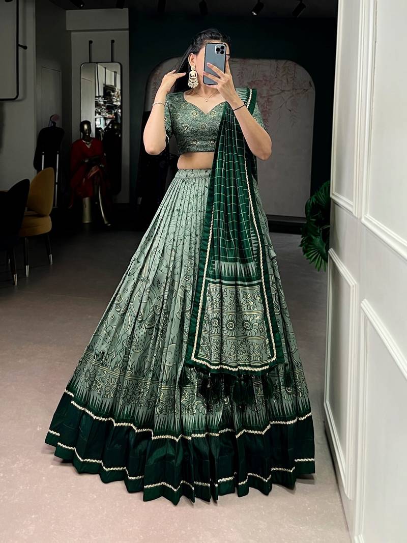 Green Tasar Silk Printed Iconic Sparkle with Lace Border Lehenga with Choli Dupatta